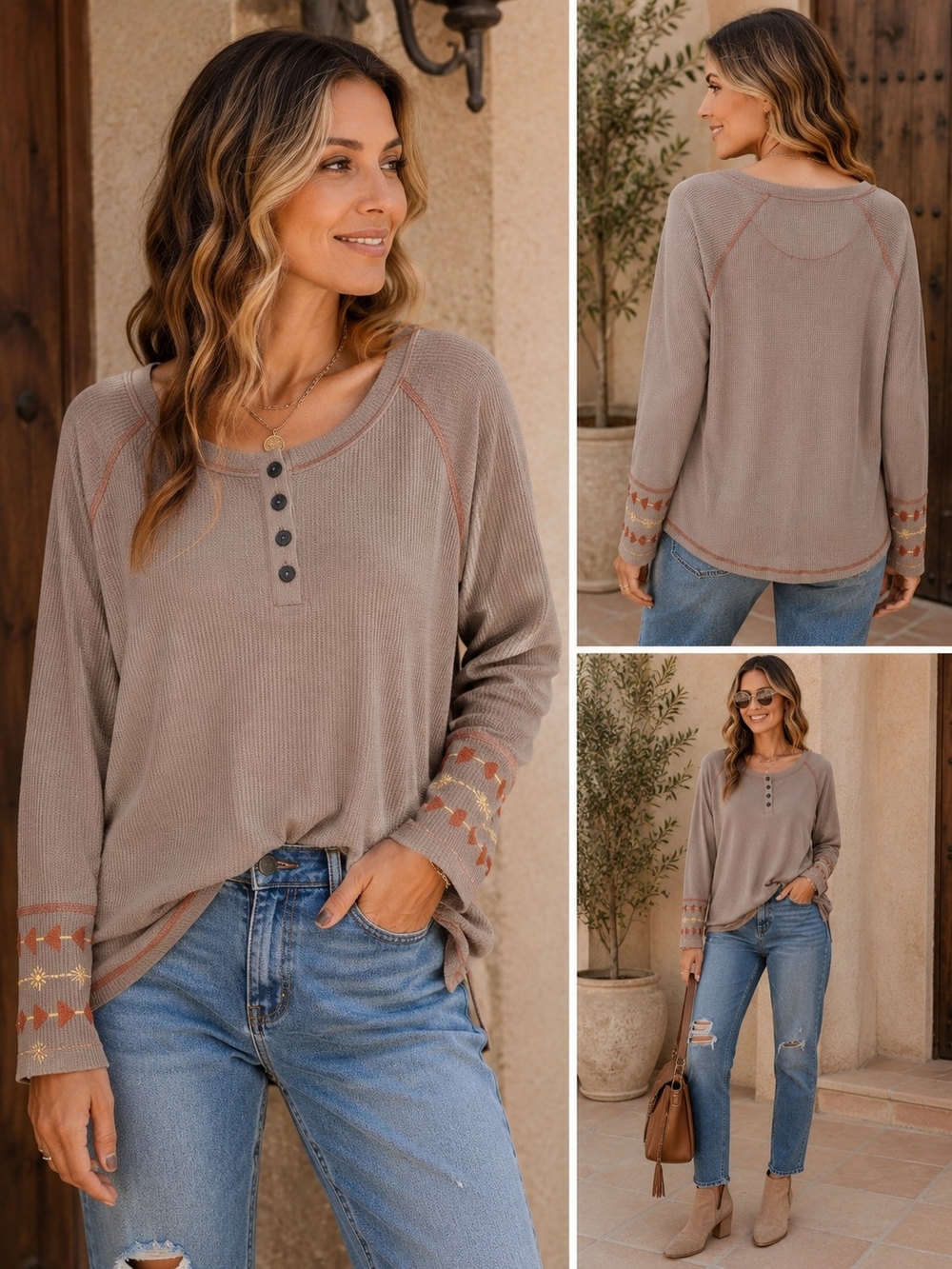 Taupe Long-Sleeve Henley Top with Embroidered Cuffs - Women